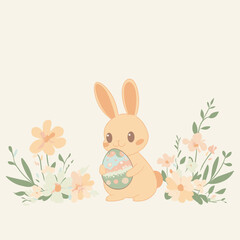 A cute bunny holds a colorful egg among pastel flowers.
