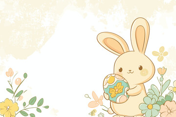 A cute bunny holds a colorful egg among pastel flowers.
