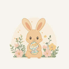 A cute bunny holds a colorful egg among pastel flowers.