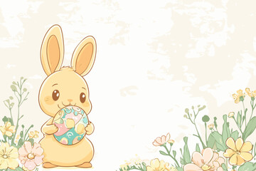 A cute bunny holds a colorful egg among pastel flowers.
