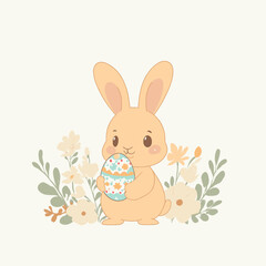 A cute bunny holds a colorful egg among pastel flowers.