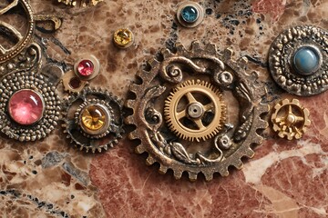 Elegant Steampunk Gears and Gems on Brown Marble
