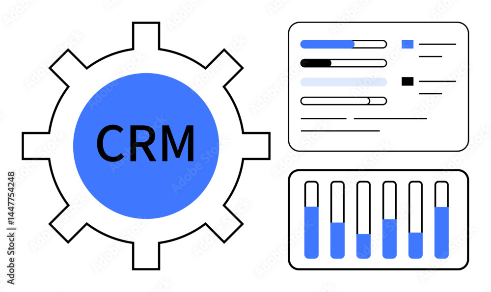 Poster crm gear icon alongside analytics panels featuring progress bars and data charts. ideal for technolo