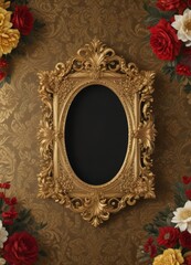 Ornate gold frames on rich damask fabric with bold florals  , floral design, damask, luxury