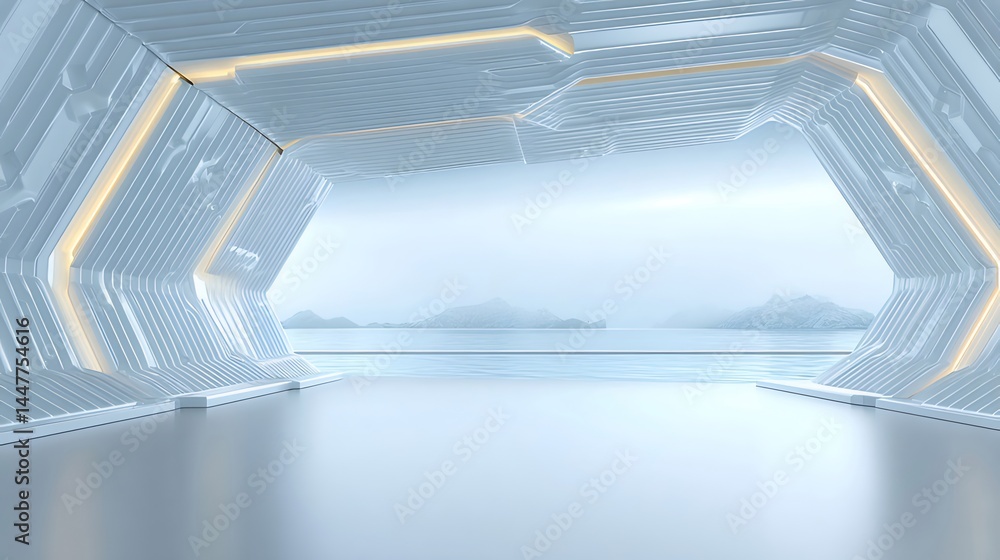 Poster 未来的な空間の幾何学的デザイン 抽象的な青と白の背景 3dレンダリングされた視覚的な組成物