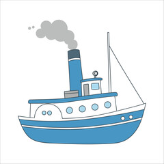 Obraz premium Illustration of a simplistic, cartoon-style blue and white steamship. It features a tall blue smokestack emitting gray smoke