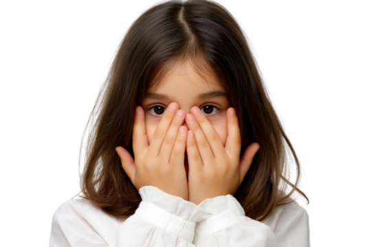 shy child covering eyes with hands isolated on white transparent background
