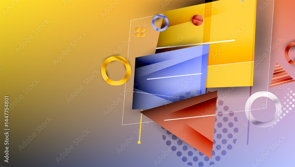 Poster Abstract geometric composition. Bright colors blend, creating dynamic visual experience. Shapes overlap, suggesting depth, movement.