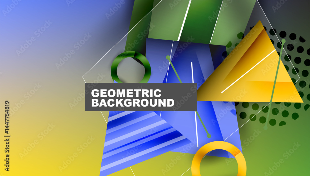Poster Abstract geometric composition. Shapes overlap, creating dynamic visual effect. Colors blendblue, yellow, green. Modern design element.