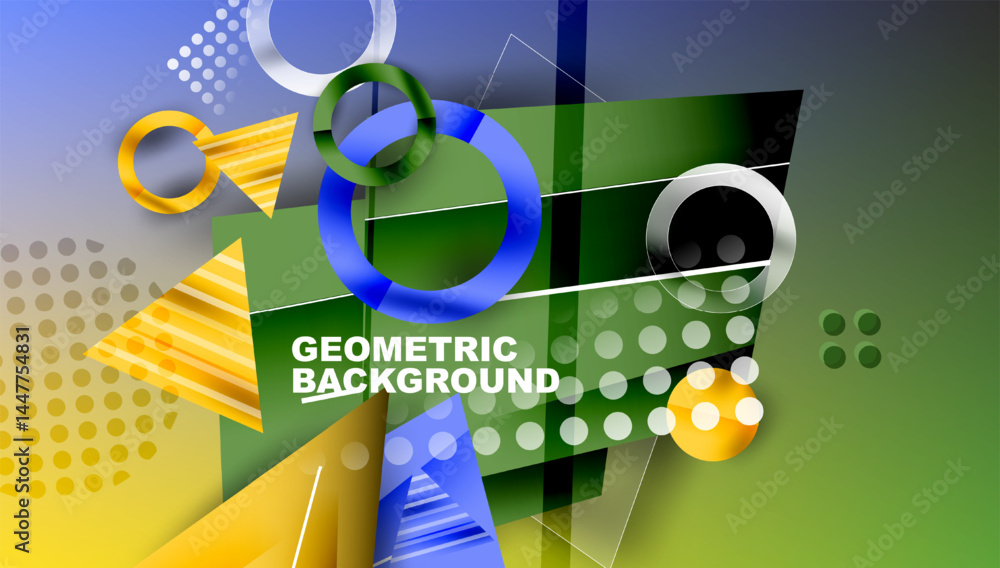 Poster Abstract geometric composition. Overlapping shapes, vibrant colors, modern design. Gradient background creates depth, visual interest.
