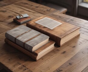 Three book mockups, varying sizes, rustic wood table,  publishing,  template,  literature