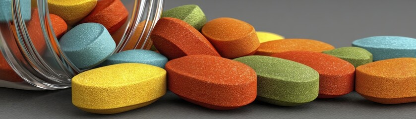 Colorful vitamin pills spilling from a bottle - macro isolated vitamins medication pharmacy