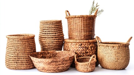 Eco-friendly woven baskets isolated on white background