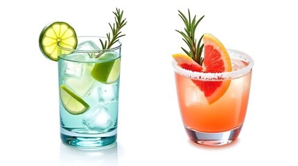 A transparent, isolated background with a Gin and Tonic, Paloma cocktail PNG set bundle. Mixology, bar menu, cocktails, and bold, colourful drinks with garnishes