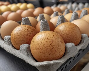 Fresh eggs in recyclable paper cartons, supermarket shelf - breakfast brown food