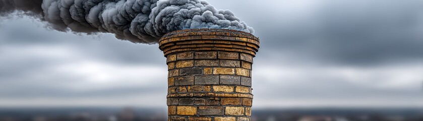 Gray smoke rises from a cylindrical smokestack in a cloudy atmosphere - plume gray thick atmosphere