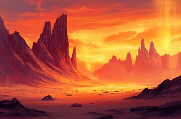 Naklejka premium Wide view of a desert with rugged cliffs, deep orange