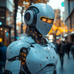 Fototapeta premium A futuristic humanoid robot interacting with humans in a modern urban environment