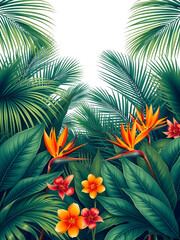 Endless horizontal border with tropical palm leaves, heliconia and strelitzia flowers.