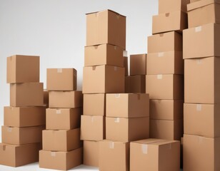 Neat stack of brown cardboard boxes on white background , stack, eco