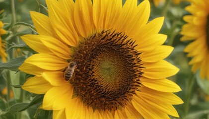 Obraz premium A honeybee gathers pollen on a vibrant sunflower, surrounded by a sea of golden blooms , meadow, sunflowers