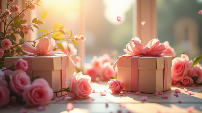 Thoughtful mother's day gift boxes surrounded by pink roses and gentle sunlight