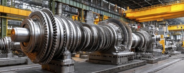 Panorama of massive power plant turbines in motion Large-scale energy production, industrial complex, environmental impact - thermal environmental heavy