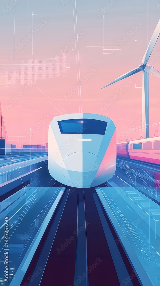 Poster 未来都市を走る高速鉄道と風力発電 ピンクと青の夕焼け空の背景にデジタルアート