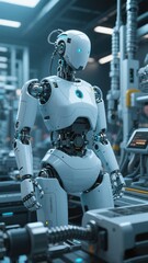 A white humanoid robot standing in a high-tech industrial environment
