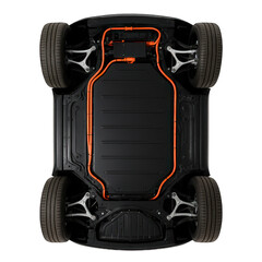 Naklejka premium Electric vehicle undercarriage revealing the flat integrated battery, orange high-voltage cables, and sophisticated suspension.