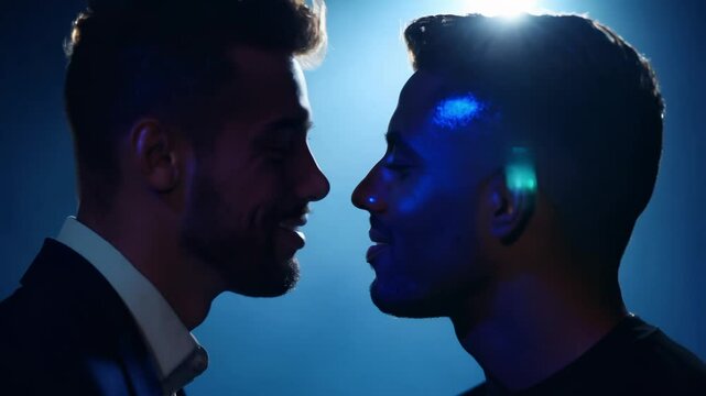 Close-up static video of two men kissing, lips with midnight blue gloss, one warm caramel skin in deep blue, one porcelain skin in soft navy, backlit glow. Mysterious intimacy concept