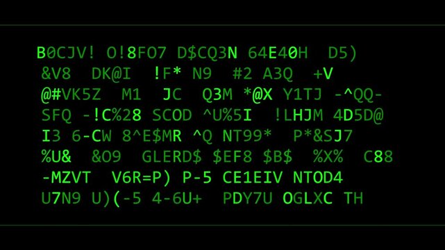 Futuristic Password Cracking Animation with Glowing Symbols and Dynamic Scanning Effect in Hacker Terminal Style