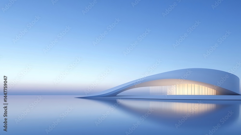 Aufkleber 白い未来的な建築デザイン 空と水面への反射 シンプルでモダンなシルエット