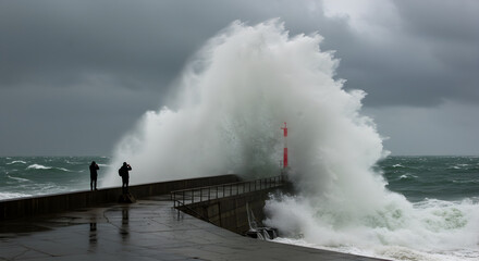 Dramatic Ocean Waves Crashing Against a Pier with Two Figures Under an Overcast Sky