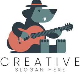 Charming Bear Playing Acoustic Guitar Music Logo Design Illustration art red hat cute song icon blue