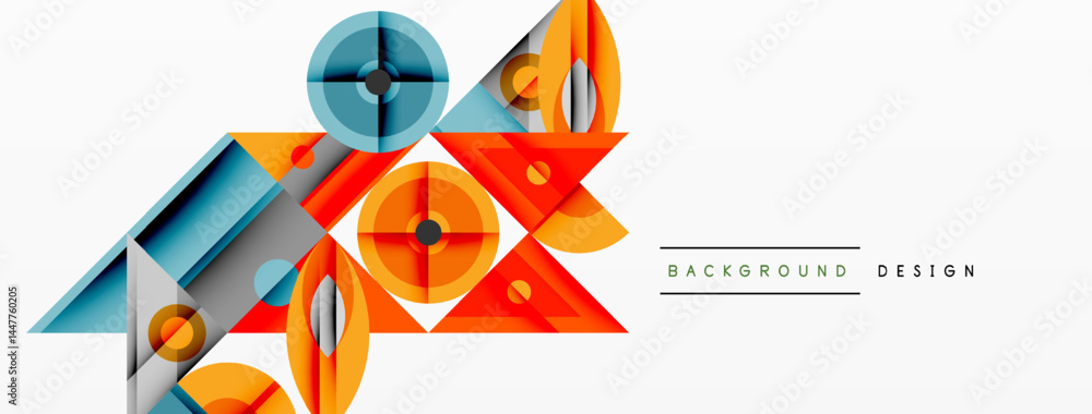 Poster abstract geometric shapes overlap, creating dynamic visual composition. orange, blue, teal hues domi