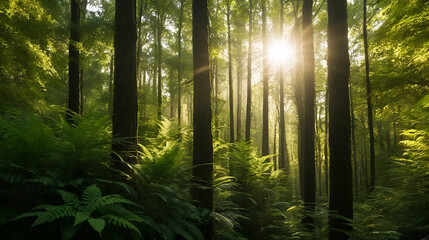 Obraz premium Vertical shot of golden sunlight seeping though dense forest foliage