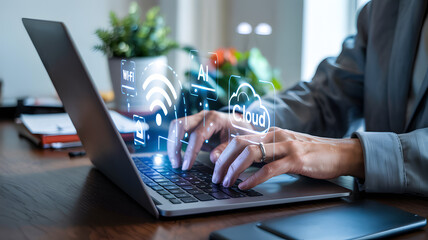 Person typing on sleek laptop in modern workspace with digital icons and greenery

