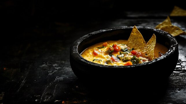 Hot queso dip tortilla chips a black textured background USA Tex Mex appetizer melted cheese with peppers rich and spicy snack moody food photography setup cut out on isolated transparent background