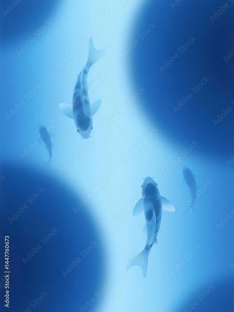 Poster 幻想的な青い水中で優雅に泳ぐ錦鯉の芸術的なビジュアル表現 抽象的な背景と光と影が織りなす深みのあるデザイン