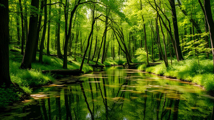 Obraz premium the forest in fertile spring and beautiful , refect the water closely divisibly