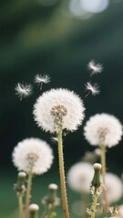 Obraz premium Dandelion seeds being blown in the wind