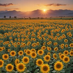 Fototapeta premium Sunflowers in rows, sunset hues paint distant mountains , idyllic, agriculture, landscape
