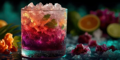 Refreshing layered cocktail with vibrant colors garnished with fresh fruits and ice at a tropical bar