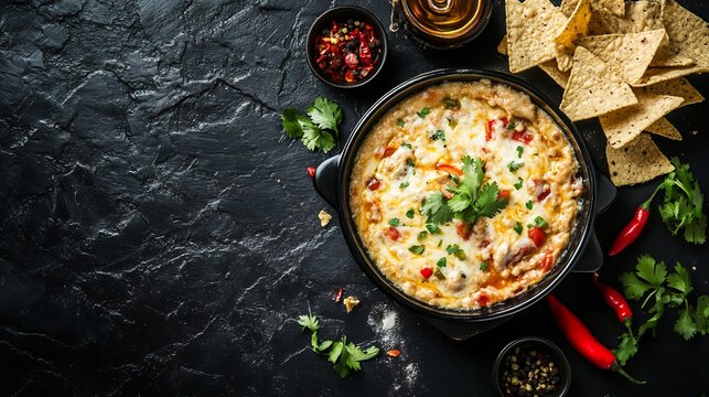 Hot queso dip tortilla chips a black textured background USA Tex Mex appetizer melted cheese with peppers rich and spicy snack moody food photography setup cut out on isolated transparent background