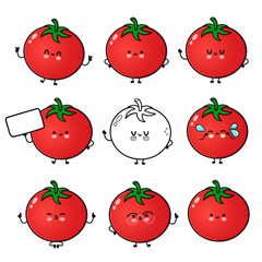 Nine adorable and cheerful cartoon Tomatoes with a variety of playful expressions, each unique and fun.