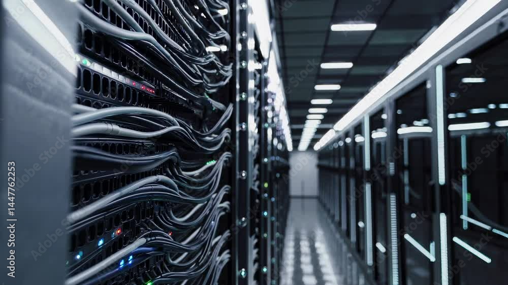 Poster wide-angle shot of a modern data center corridor with glowing server racks, creating a futuristic vi