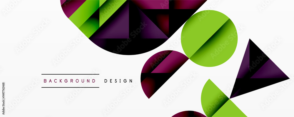 Poster abstract geometric shapes overlap. green, purple hues dominate white space. modern design elements c