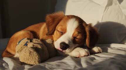 Obraz premium Sleepy puppy cuddling with a worn-out toy serene ambiance softly lit bedroom shallow depth of field overhead angle