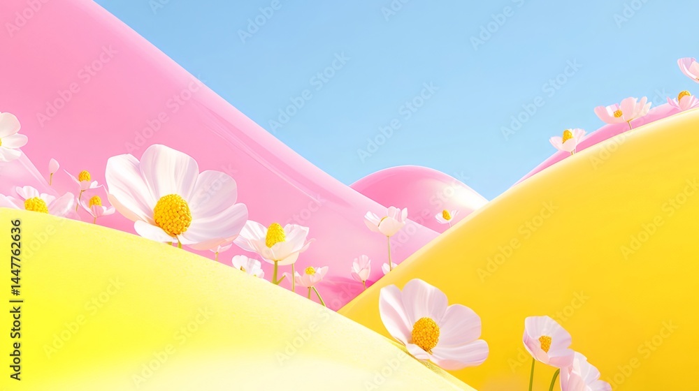 Poster ピンクと黄色の丘に咲くコスモスの花々 晴れた青空の下の鮮やかな風景